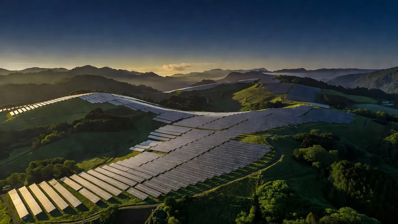 朝日に照らされる日本の太陽光発電所の航空写真