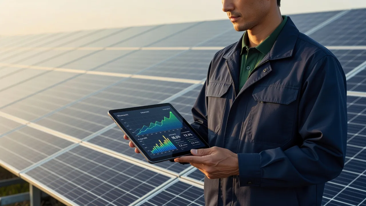 タブレットで太陽光発電のデータ分析を行う技術者